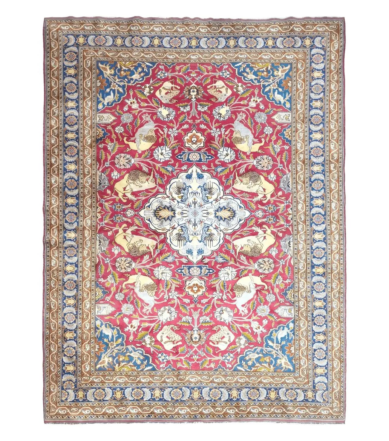 Antique Turkish Sivas Area Rug 8x11, Hand-Knotted, Vintage Red Wool Carpet, Gazelles Lions, Boteh Border, 8' x 11' Top Quality Oriental Rug by Jewel Rugs