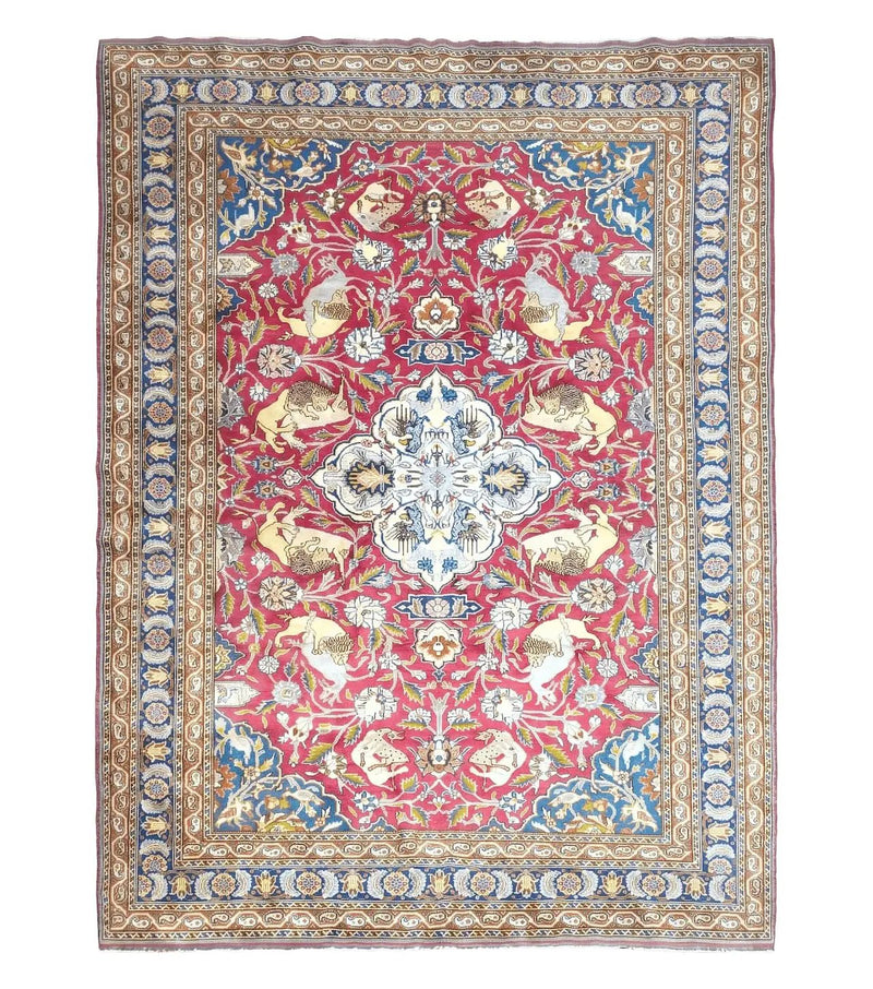 Antique Turkish Sivas Area Rug 8x11, Hand-Knotted, Vintage Red Wool Carpet, Gazelles Lions, Boteh Border, 8' x 11' Top Quality Oriental Rug by Jewel Rugs