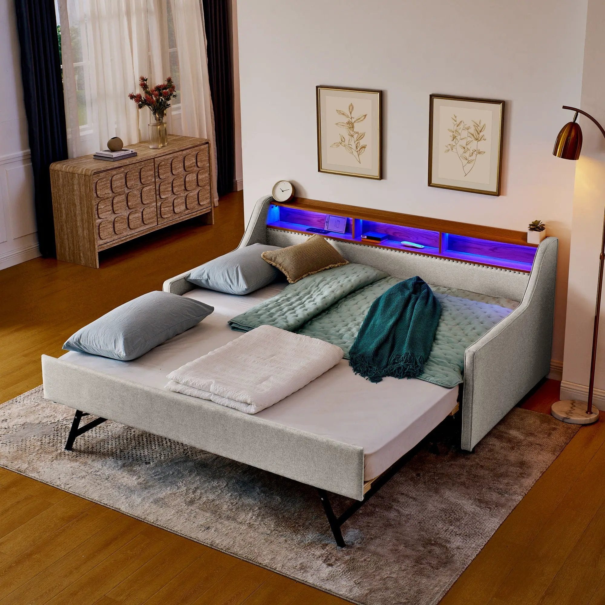 Upholstered Sofa Bed With LED Lights, Storage Headboard, Foldable Trundle & Wireless Charging by Unique Piece Furniture