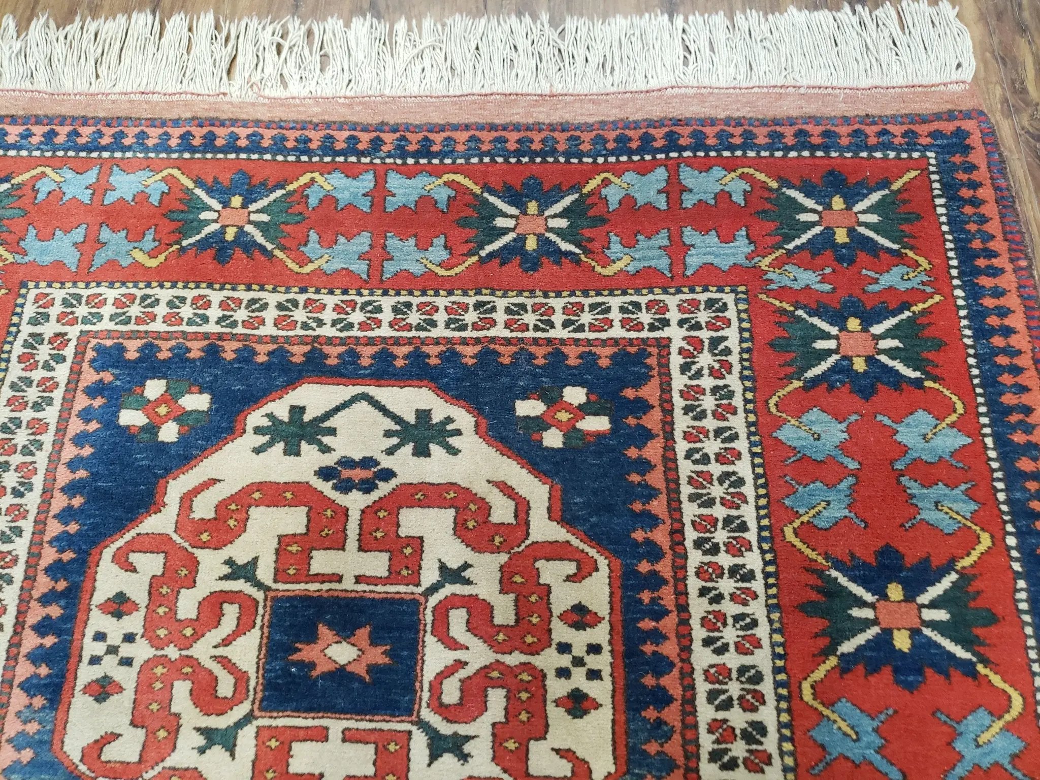 Turkish Kazak Rug 5x6 Vintage Handmade Wool Carpet Geometric Blue Red by Jewel Rugs