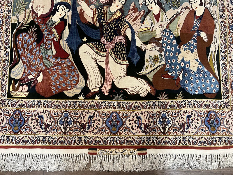 Persian Pictorial Rug 5 x 4 ft, Persian Isfahan Rug, Kork Wool on Silk Foundation, Signature from Master Weaver, Drums and Musical Instruments, Birds, Detailed by Jewel Rugs