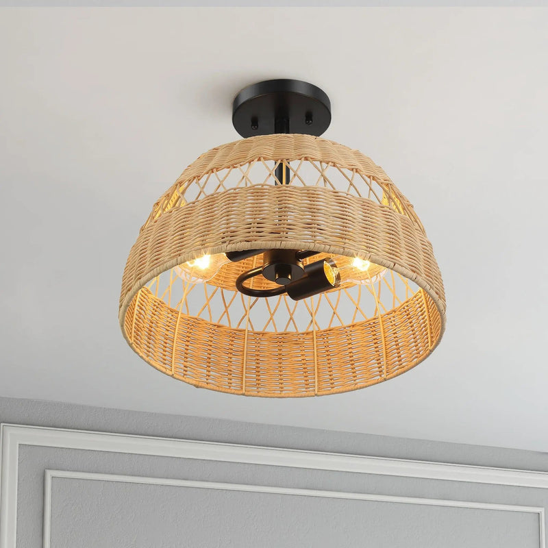 Twinkle - Double Lights Semi Flush With Shade - Black / Rattan by HouseOfZazla
