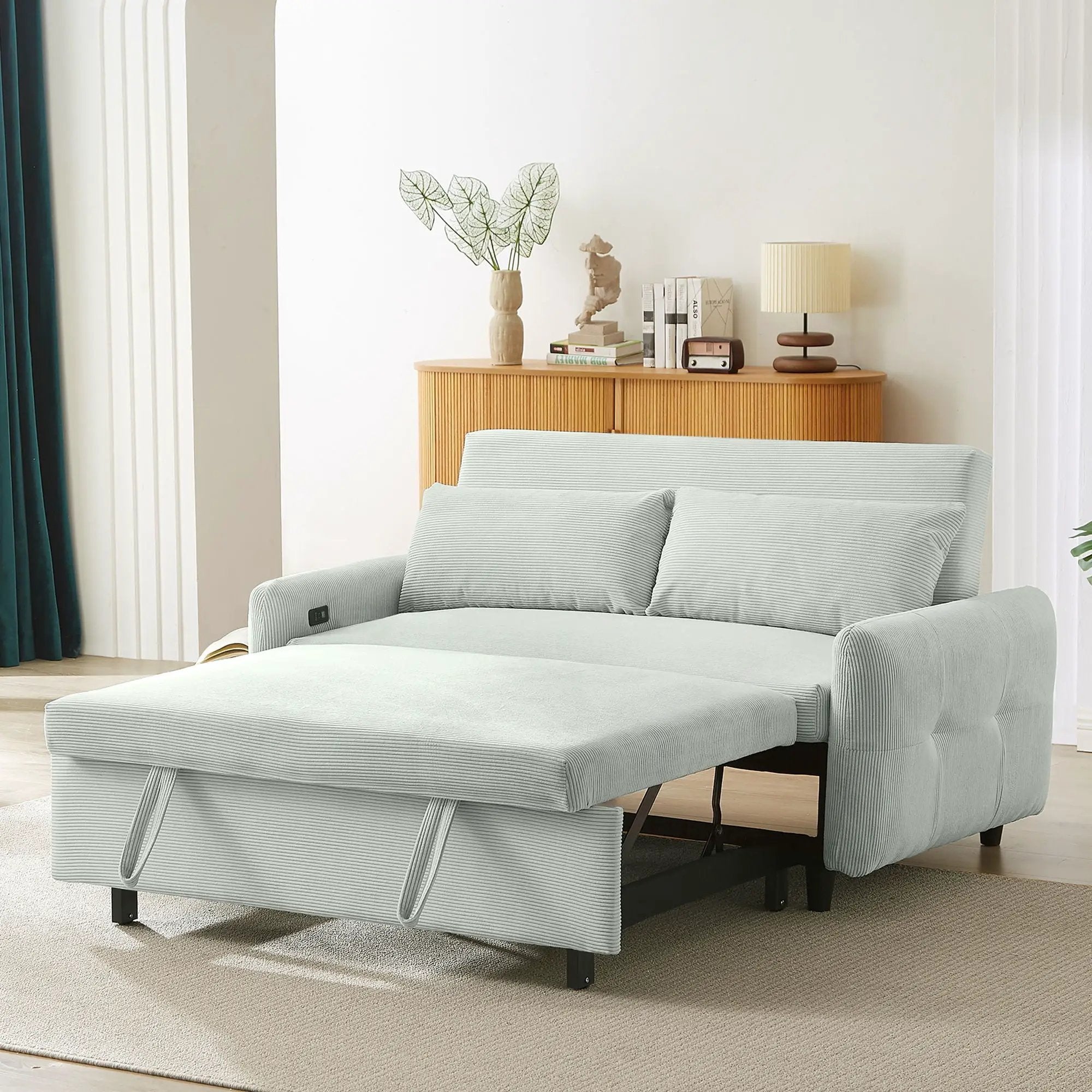 Pull-Out 2 Seat Modern Sleeper Sofa With 2 Throw Pillows And USB Ports by HouseOfZazla