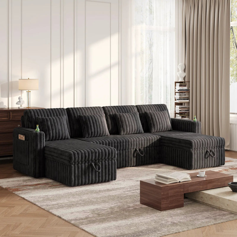 U Shaped Plush Corduroy Fluffy Sectional Sleeper Sofa by HouseOfZazla