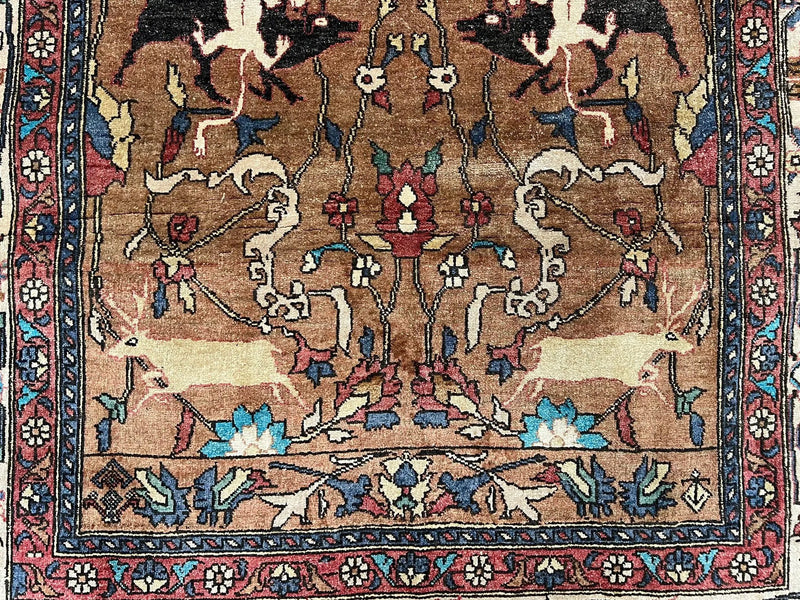 Unique Afghan Silk Rug 4x6, Hunting Pattern Animal Motifs, Light Brown and Cream, Persian Handwritten Poetry, Fine 1940s Oriental Carpet Wow by Jewel Rugs