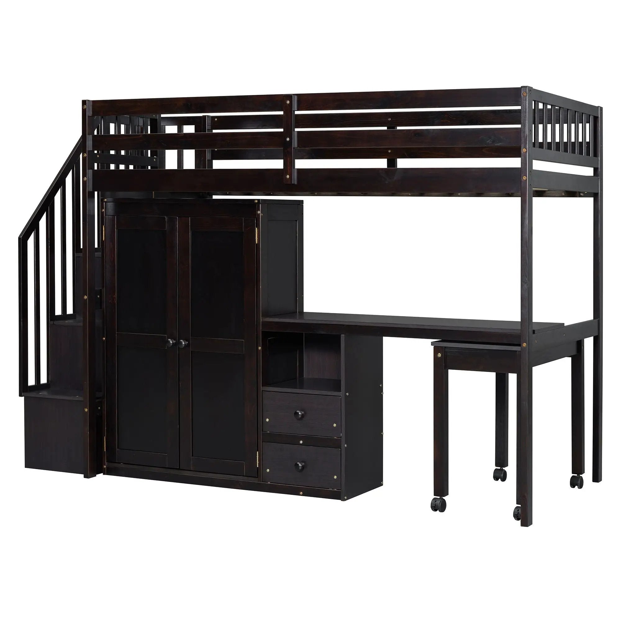 Loft Bed With Stairs, Bookshelf, Drawers, Desk & Wardrobe, Space Saving Multifunctional Furniture by HouseOfZazla