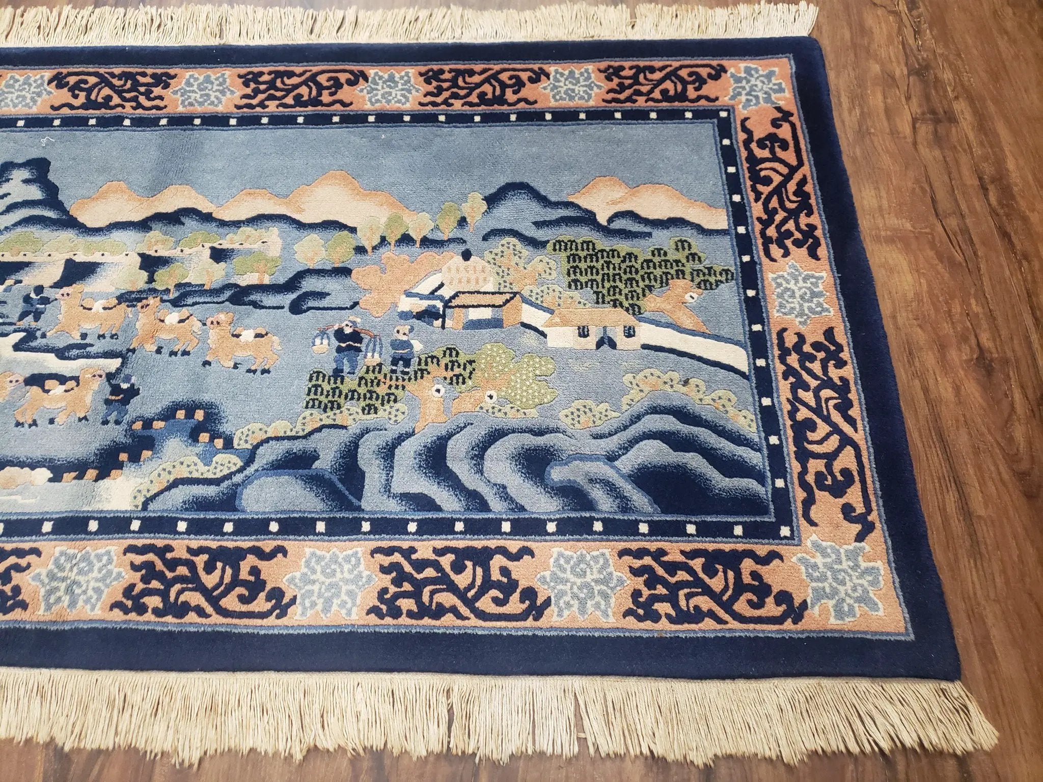 Vintage Chinese Pictorial Rug 2'4" x 4' 7", Chinese Village, Wool Hand-Knotted Blue & Teal Fine Carpet, Tapestry Rug, Woven Wall Art by Jewel Rugs