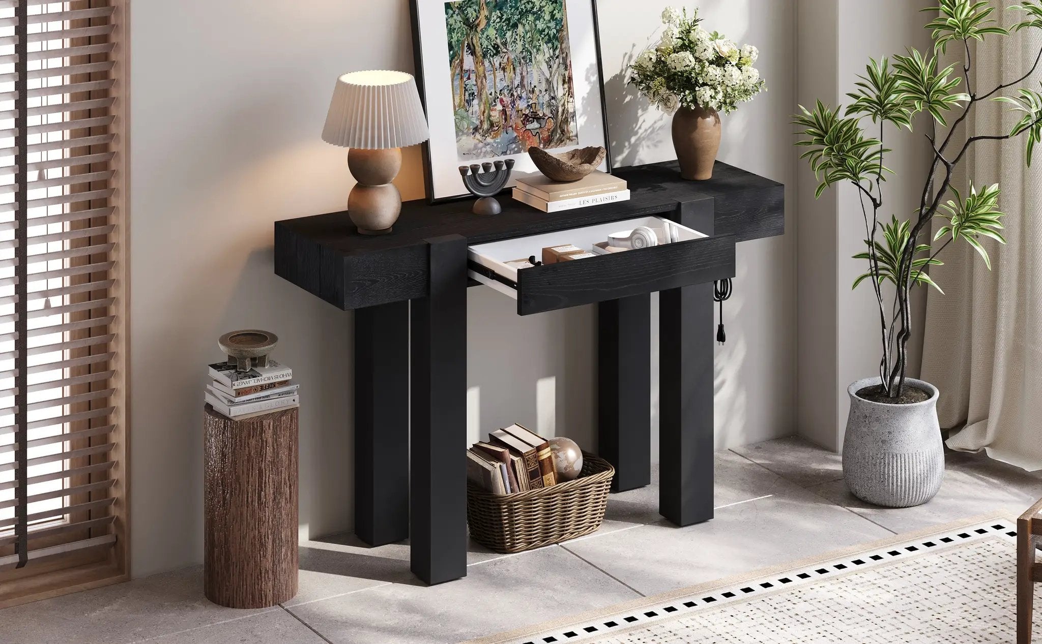 TREXM Rustic Minimalist Console Table with Hidden Drawer, Side Power Outlet by HouseOfZazla