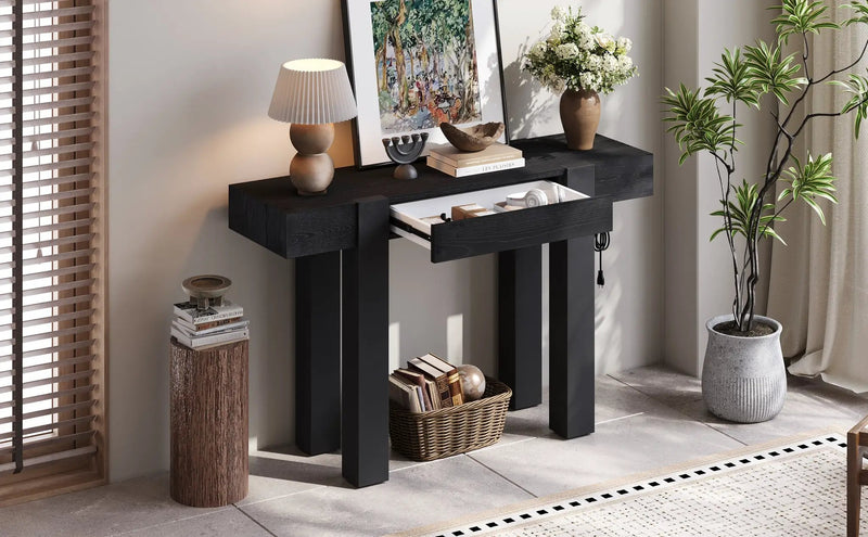 TREXM Rustic Minimalist Console Table with Hidden Drawer, Side Power Outlet by HouseOfZazla