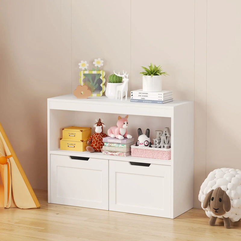 Book Organizer With Large Drawers And Open Shelves, Toy Storage Cabinet With Removable Wheels And Rounded Edges - White by Unique Piece Furniture