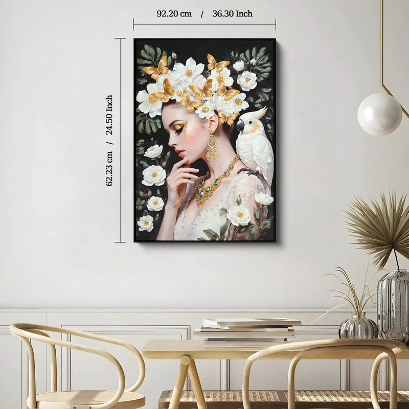 Beauty Lady Wall Art Gold and White Floral Canvas 24x36 Inch by HouseOfZazla