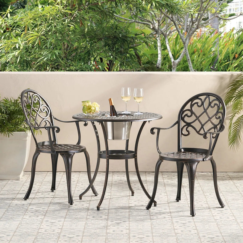 3 Piece Outdoor Aluminium Cast Bistro Set With Ice Bucket - Copper by HouseOfZazla