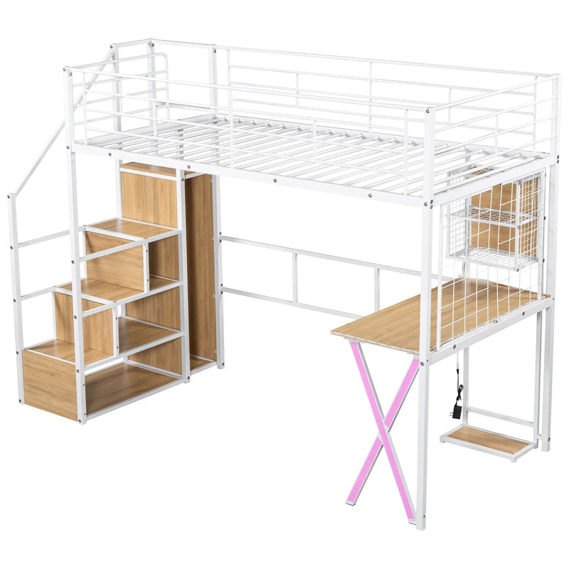 Loft Bed With Built In Work Station, Wardrobe, Storage Staircase And LED