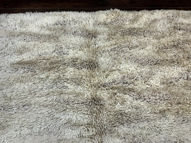 European Rya Shag Rug 6.6 x 9.7, Beige, Fluffy Vintage Area Rug by Jewel Rugs