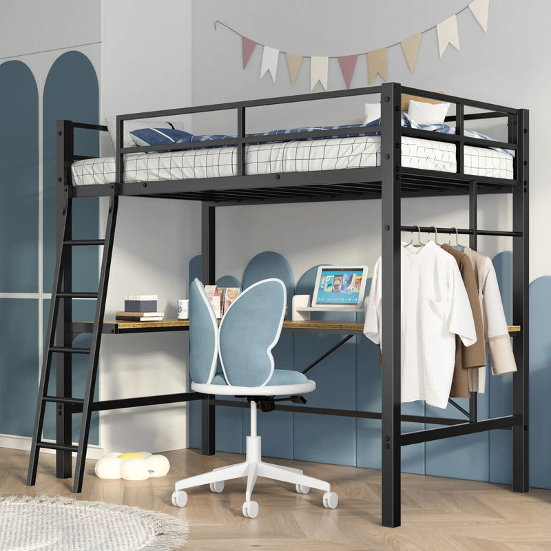 Twin Metal Loft Bed With L - Shaped Desk, Charging Station Loft Bed Frame Twin Size, Safety Guard & Ladder, No Box Spring Needed - Black by Unique Piece Furniture