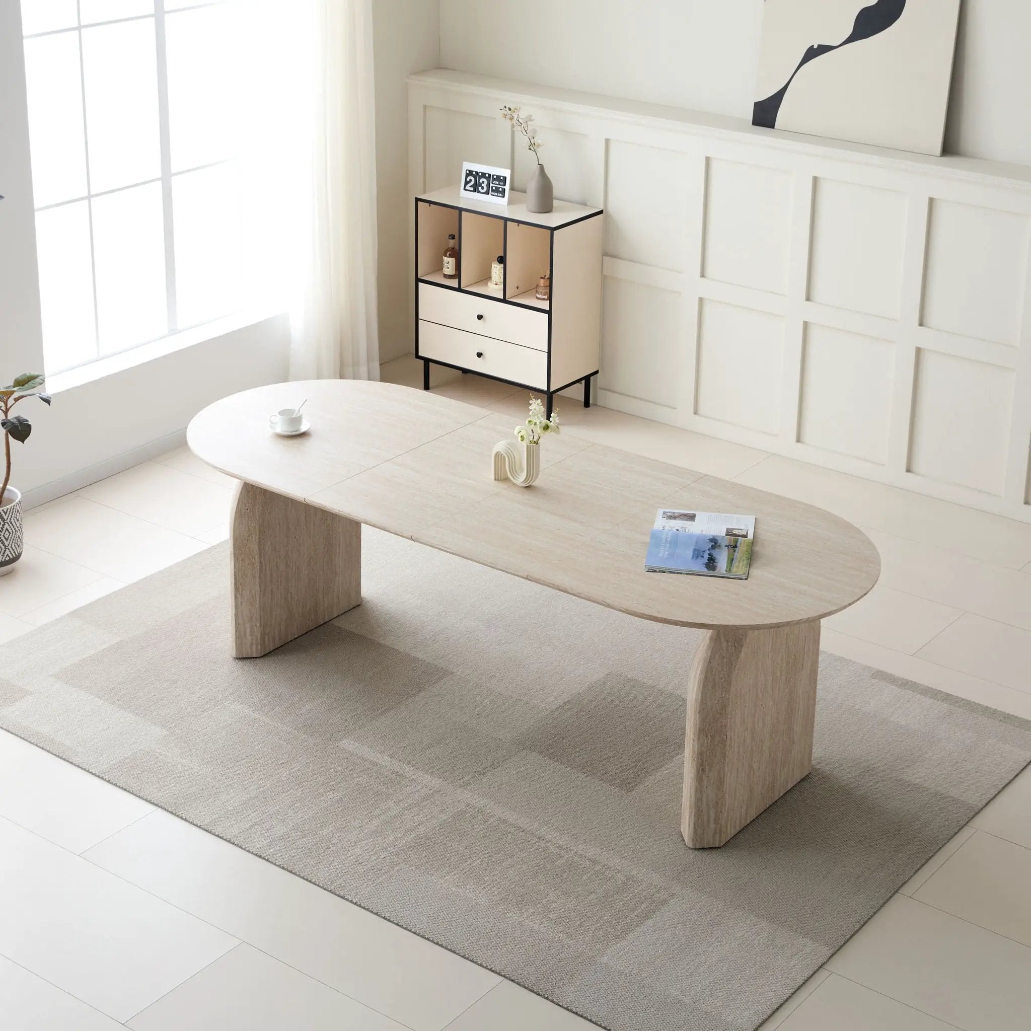 Oval Extendable Dining Table With Dual Pillar Design - Off White by HouseOfZazla