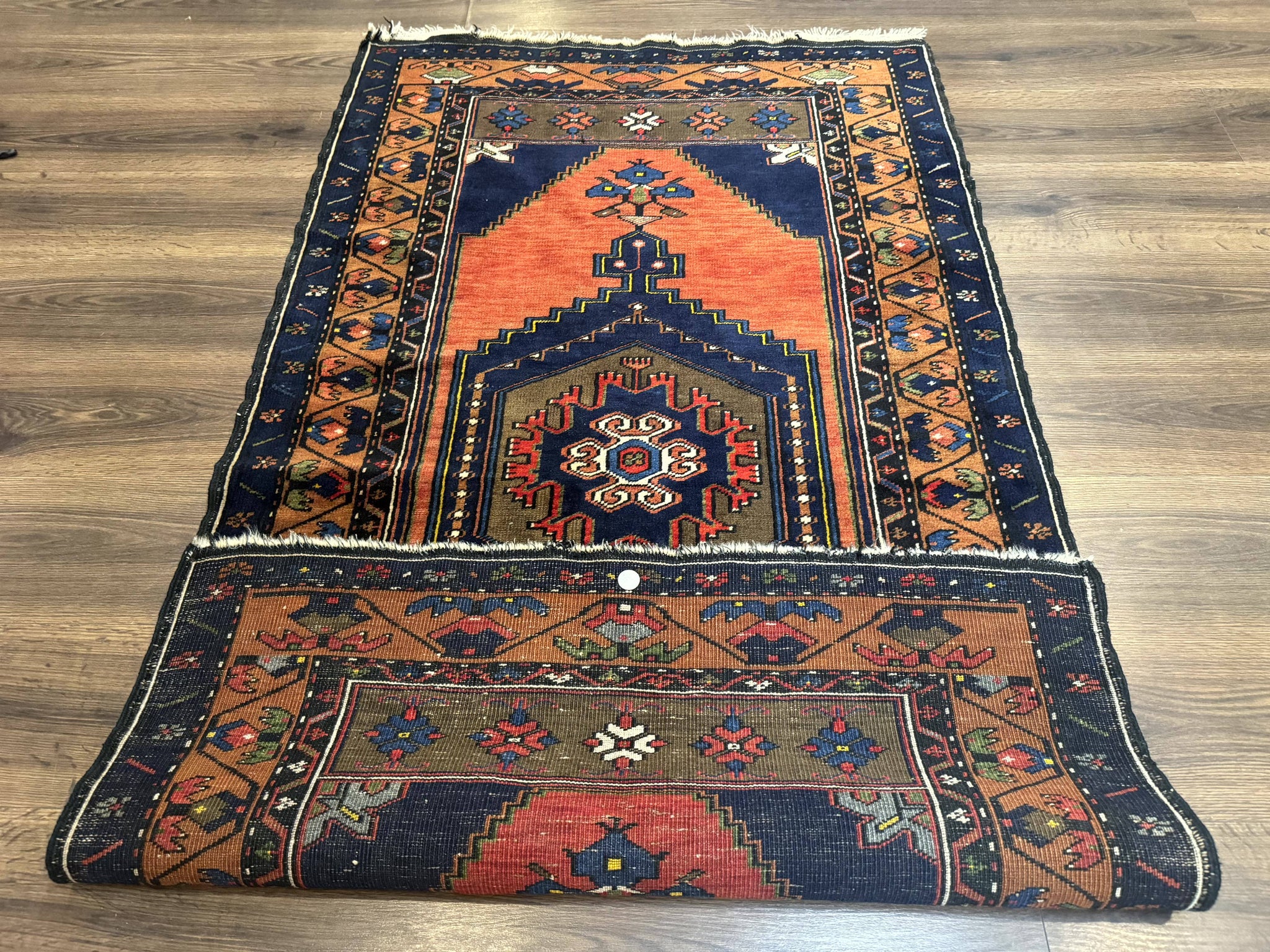 Persian Rug 3x6, Geometric Medallion, Village Tribal Rug, Terracotta and Navy Blue, Antique Nahavand Hamadan Rug by Jewel Rugs
