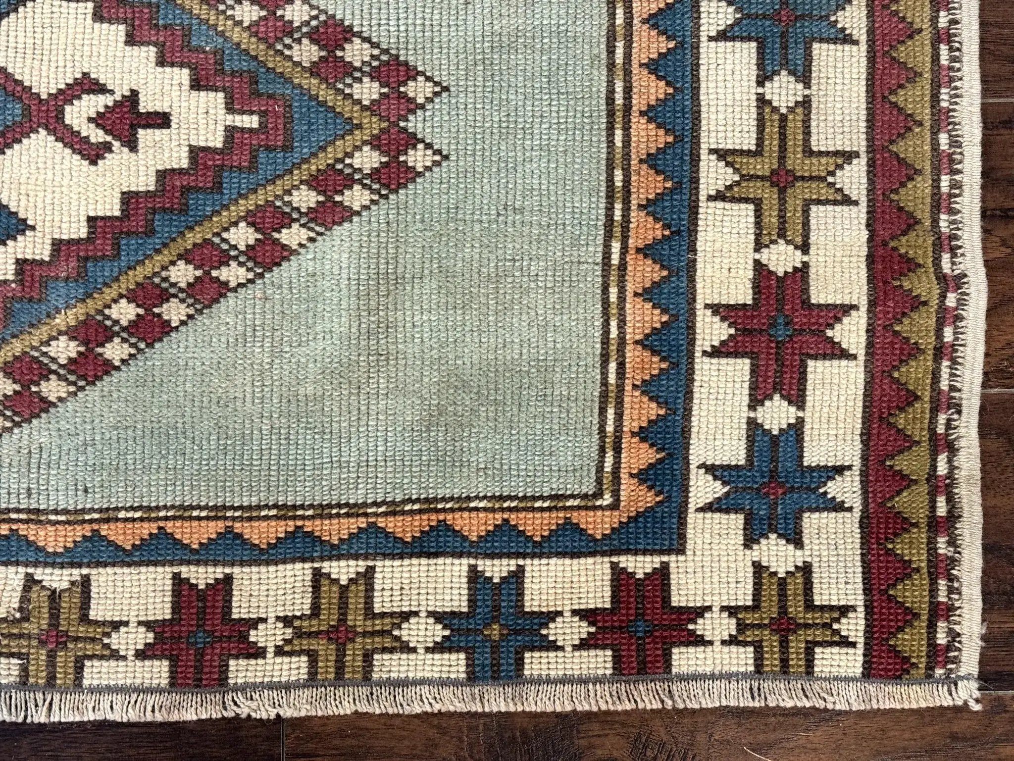 Turkish Kazak Rug 4x6, Geometric Medallion, Caucasian Design Rug, Semi Antique Vintage, Mint Green Maroon Ivory by Jewel Rugs