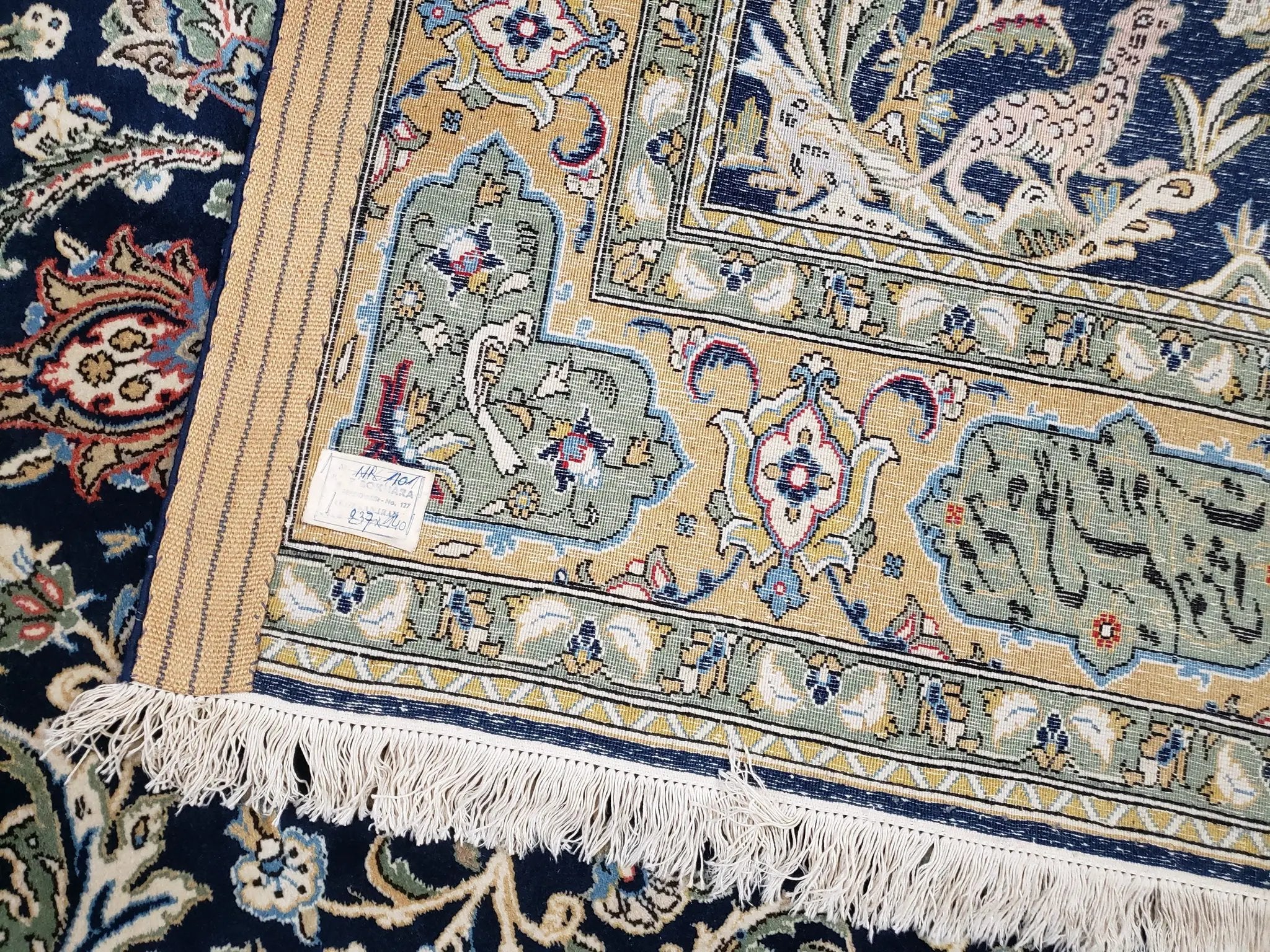 Semi Antique Persian Qum Tree of Life Rug, Hand-Knotted, Wool, Midnight Blue and Tan, Animal Pictorials, Written Poem in Borders, 4' 8" x 7' 8" by Jewel Rugs