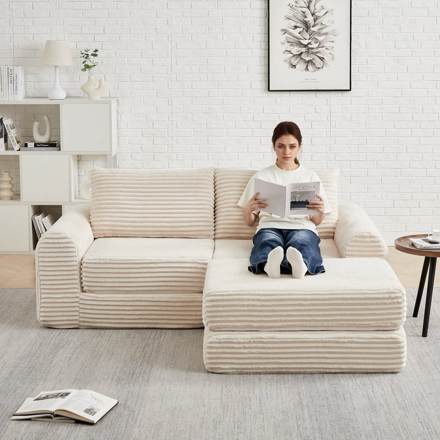 Minimalist Corduroy Sofa Bed with Two Throw Pillows by HouseOfZazla