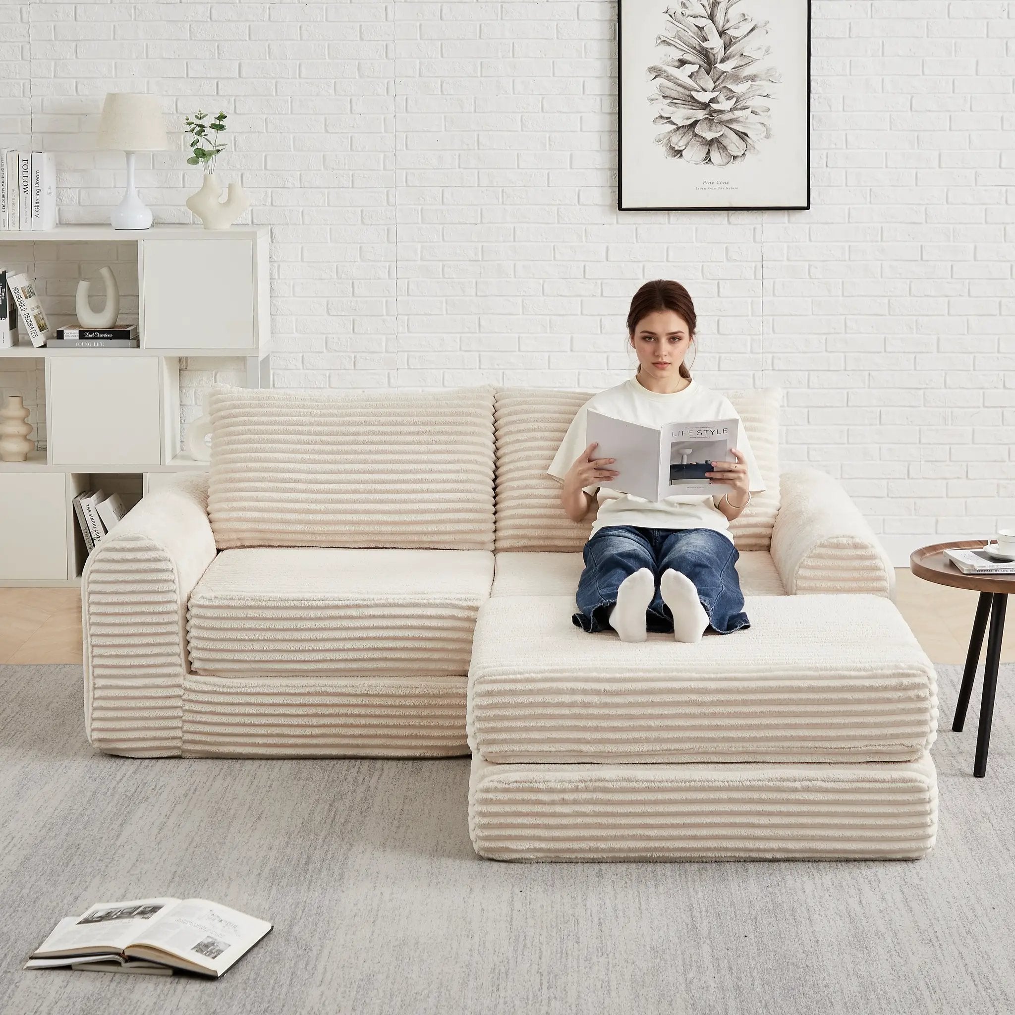 Minimalist Corduroy Sofa Bed with Two Throw Pillows by HouseOfZazla
