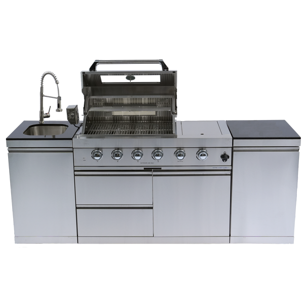 NG 85" 4-Burner 72,000 BTU Silver Outdoor Kitchen Island Grill + Side B & Storage Cabinets & Sink