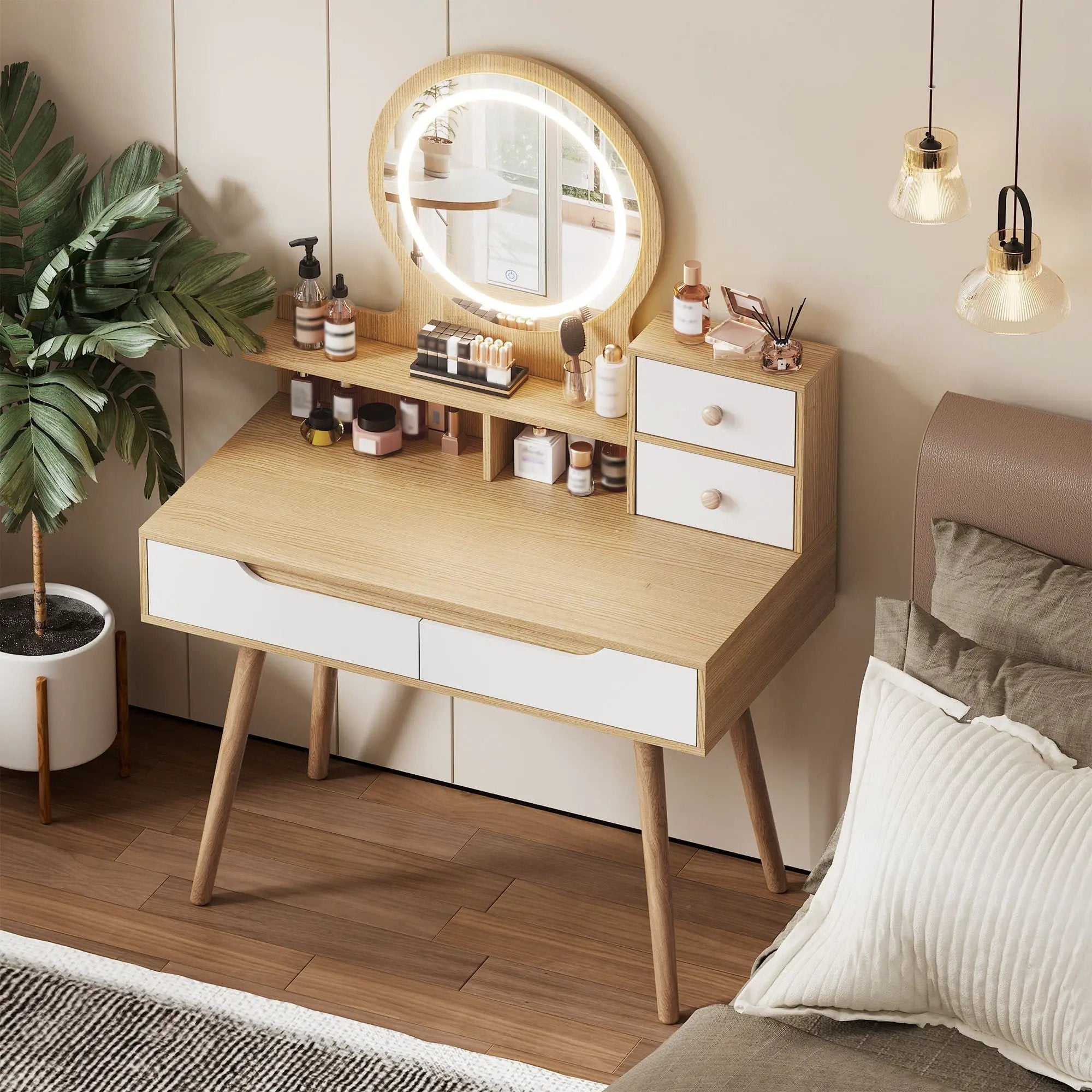 Elegant Makeup Vanity Desk With Adjustable Lighted Mirror Table Feet - American White Oak by Unique Piece Furniture