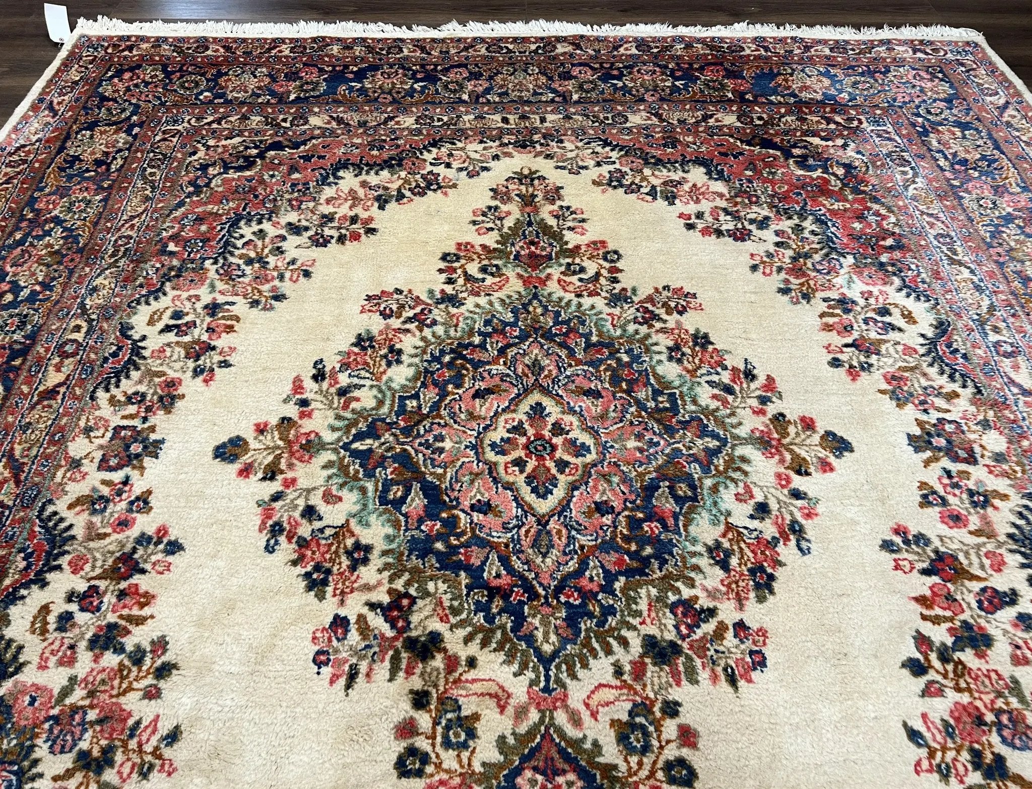 Persian Rug 9x10, Hamadan Rug, Antique Oriental Carpet, Wool Rug, Semi Open Field, Cream and Navy Blue, Kirman Design Hand Knotted Almost Square Rug by Jewel Rugs