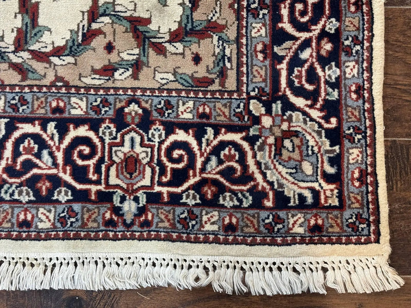 Indian Kashmiri Rug 4x6, Ivory Beige Navy Blue, Traditional Indo Persian Rug by Jewel Rugs
