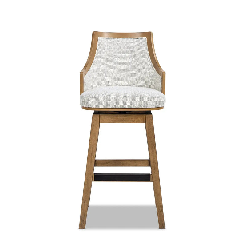 Bahama 30' Cane Rattan High-Back Swivel Bar Stool with Recessed Arms, Two-Tone Neutral Gray Polyester Wool Blend by HouseOfZazla