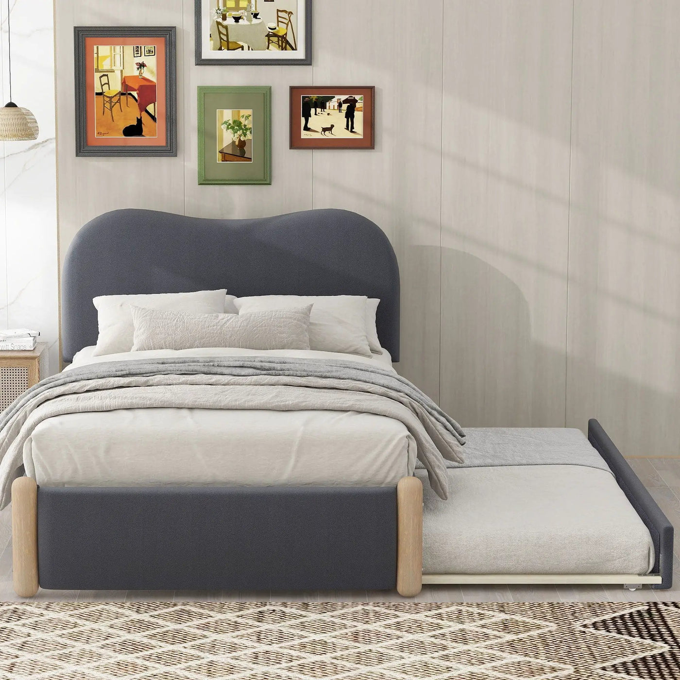 Upholstered Platform Bed With Wood Supporting Feet And Trundle by Unique Piece Furniture