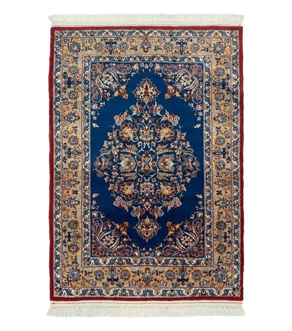 Blue Persian Qum Rug 3.6 x 5, Floral Medallion, Fine 310 KPSI
