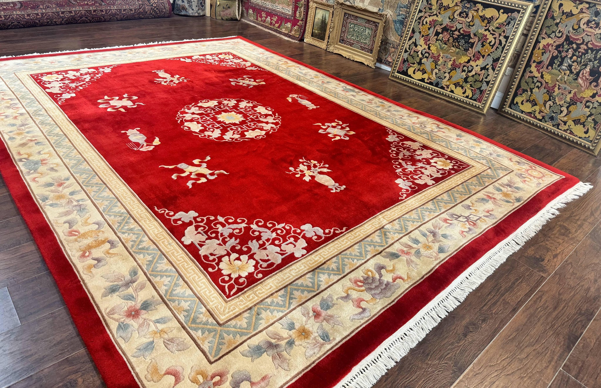 Chinese Wool Rug 8.6 x 11, Red and Beige Asian Oriental Carpet, Plush Pile, Vintage Handmade Chinese Carving Sculpted Rug, Semi Open Field by Jewel Rugs