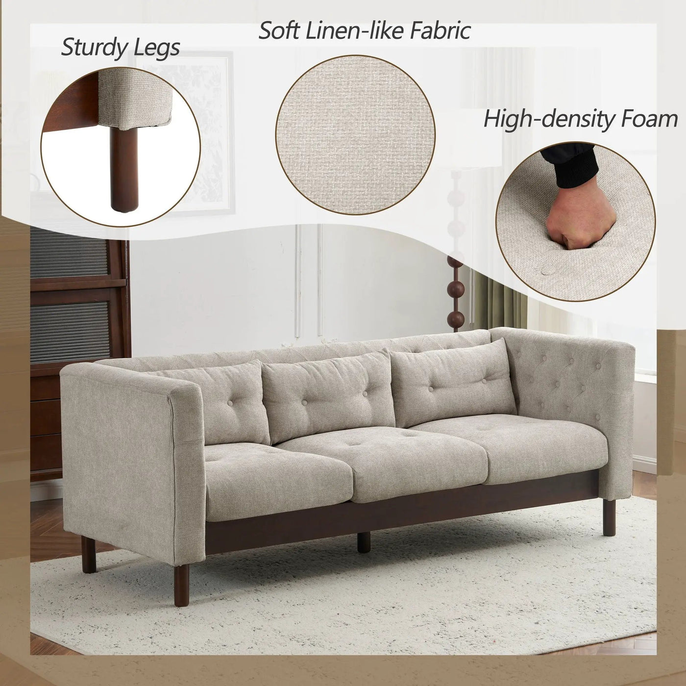Upholstered Sofa Modern 3 Seater Sofa Couch With Tufted Design For Living Room by HouseOfZazla