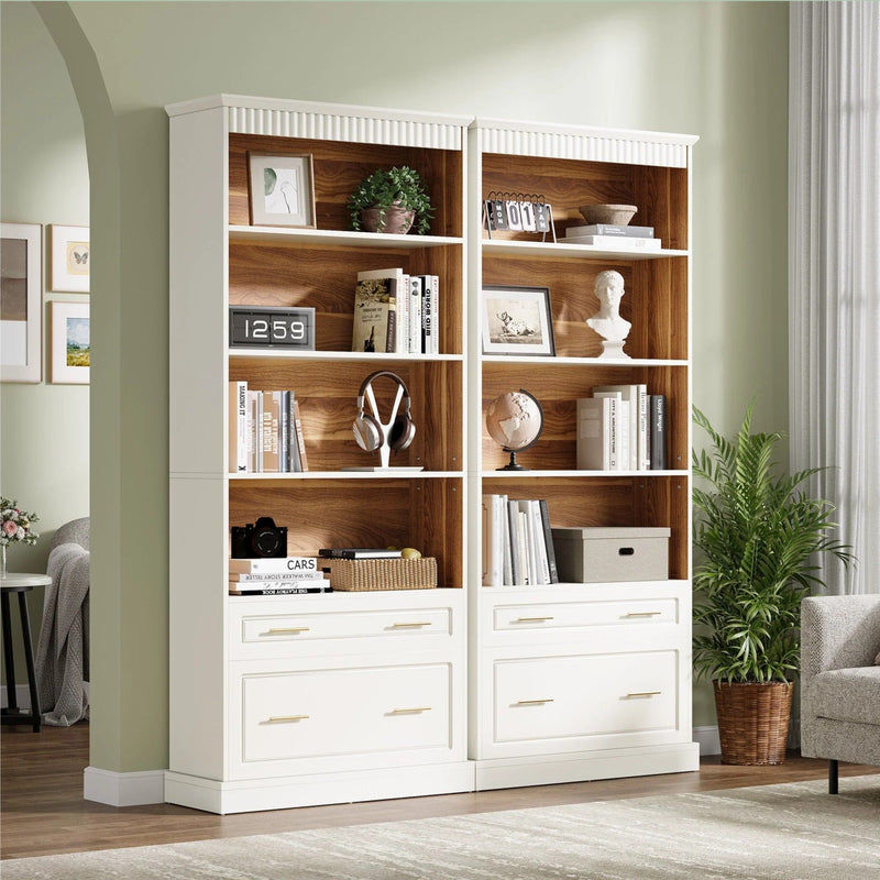 5 Tier White Bookcase With 2 Drawers Storage Organizer For Living Room - White by HouseOfZazla