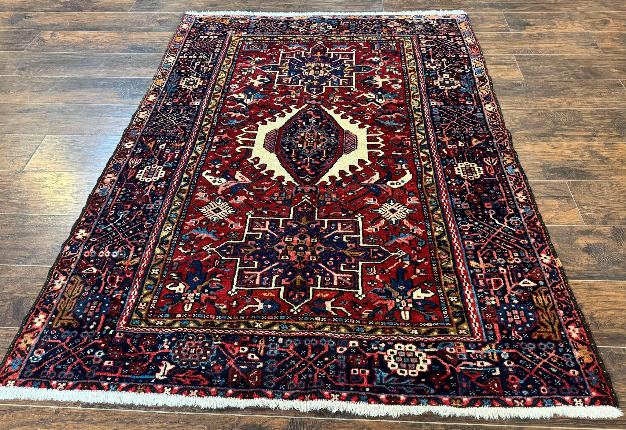 Persian Karajeh Rug 5x6, Antique Heriz Carpet, Geometric, Persian Tribal Rug, Brick Red Navy Blue by Jewel Rugs