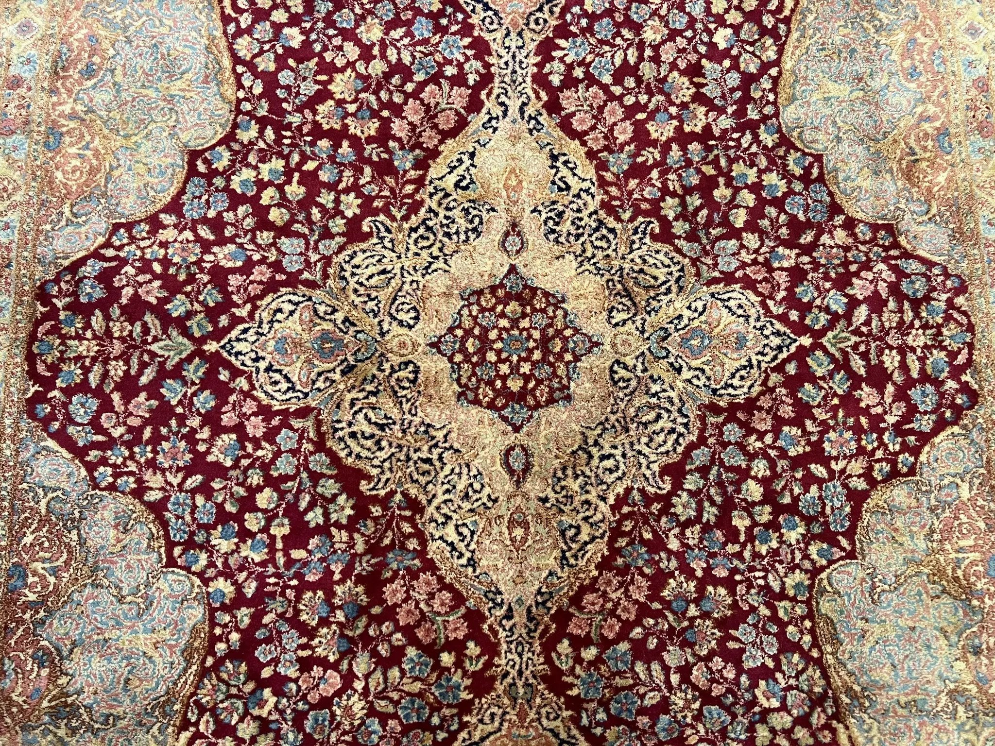 Persian Rug 9x12, Kirman DeLuxe, Millefleur Floral Medallion Carpet, Maroon Light Blue Beige, Semi Antique Authentic Hand Knotted Wool Rug by Jewel Rugs