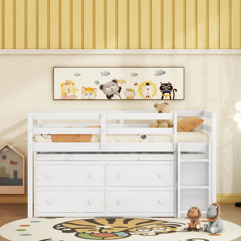 Loft Bed With Retractable Writing Desk And 4 Drawers, With Lateral Portable Desk And Shelves by HouseOfZazla