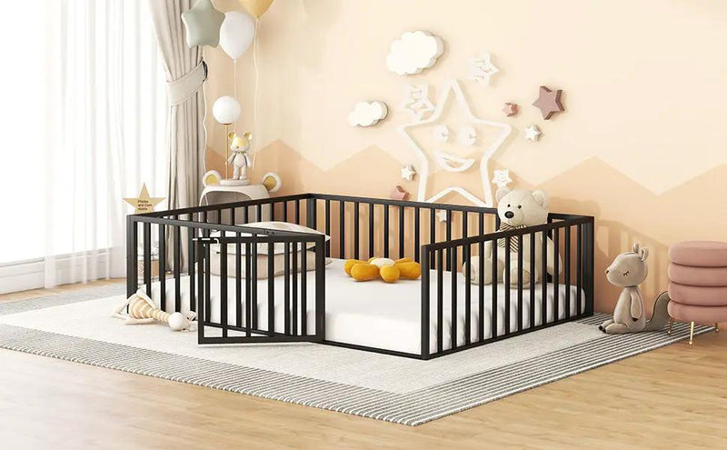 Metal Floor Bed Frame With Fence And Door by HouseOfZazla