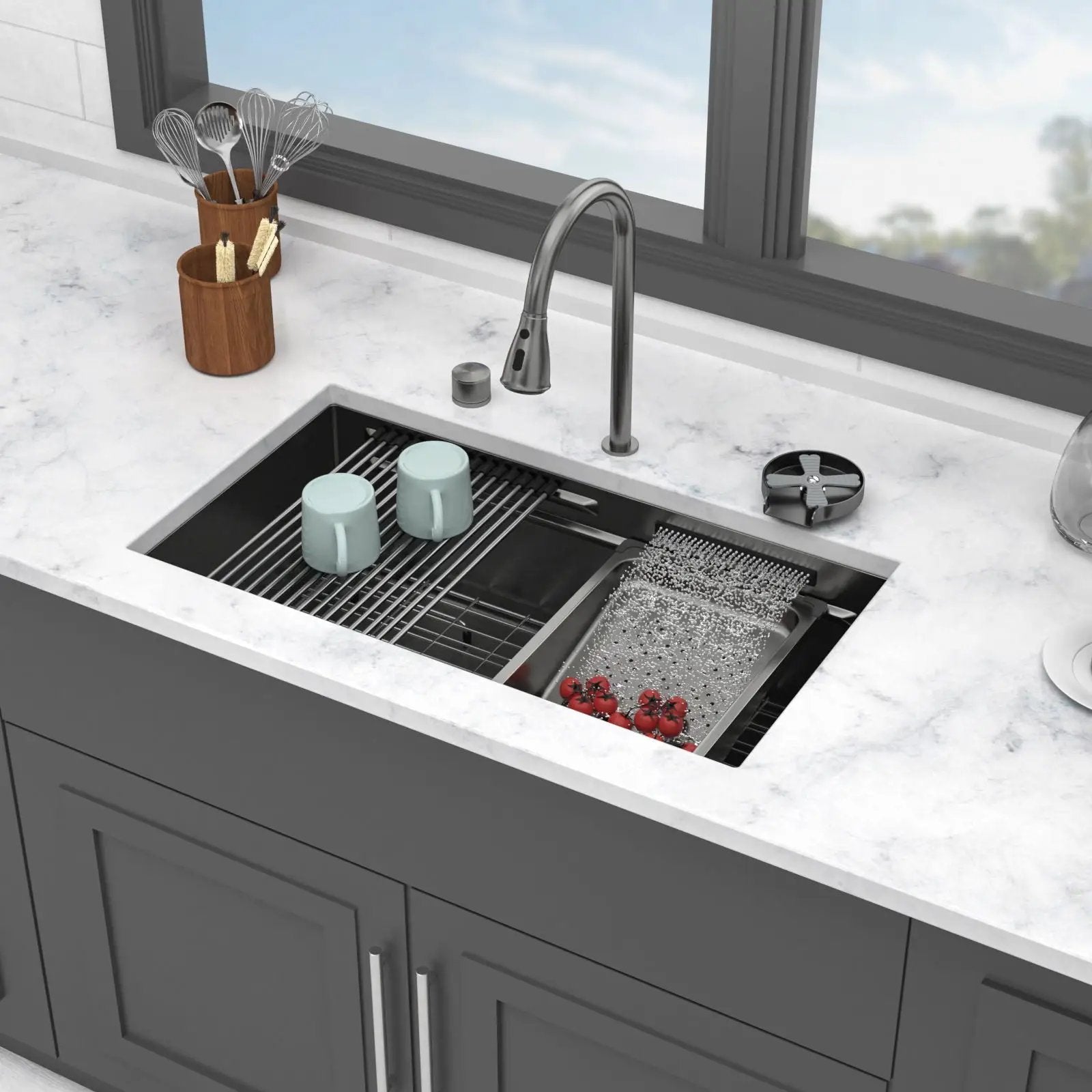 Undermount Stainless Steel Kitchen Sink With Pull Down Faucet & Ledge Workstation by HouseOfZazla