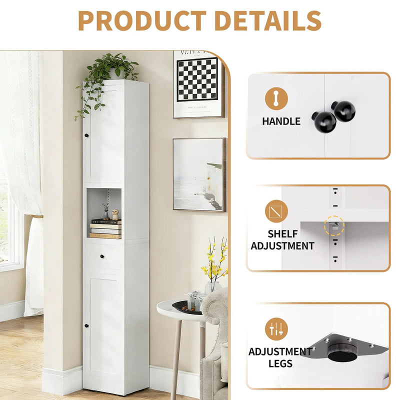 Tall Bathroom Storage Cabinet, 5-Tier Narrow With 2 Doors & Adjustable Shelves, Freestanding - White by Unique Piece Furniture