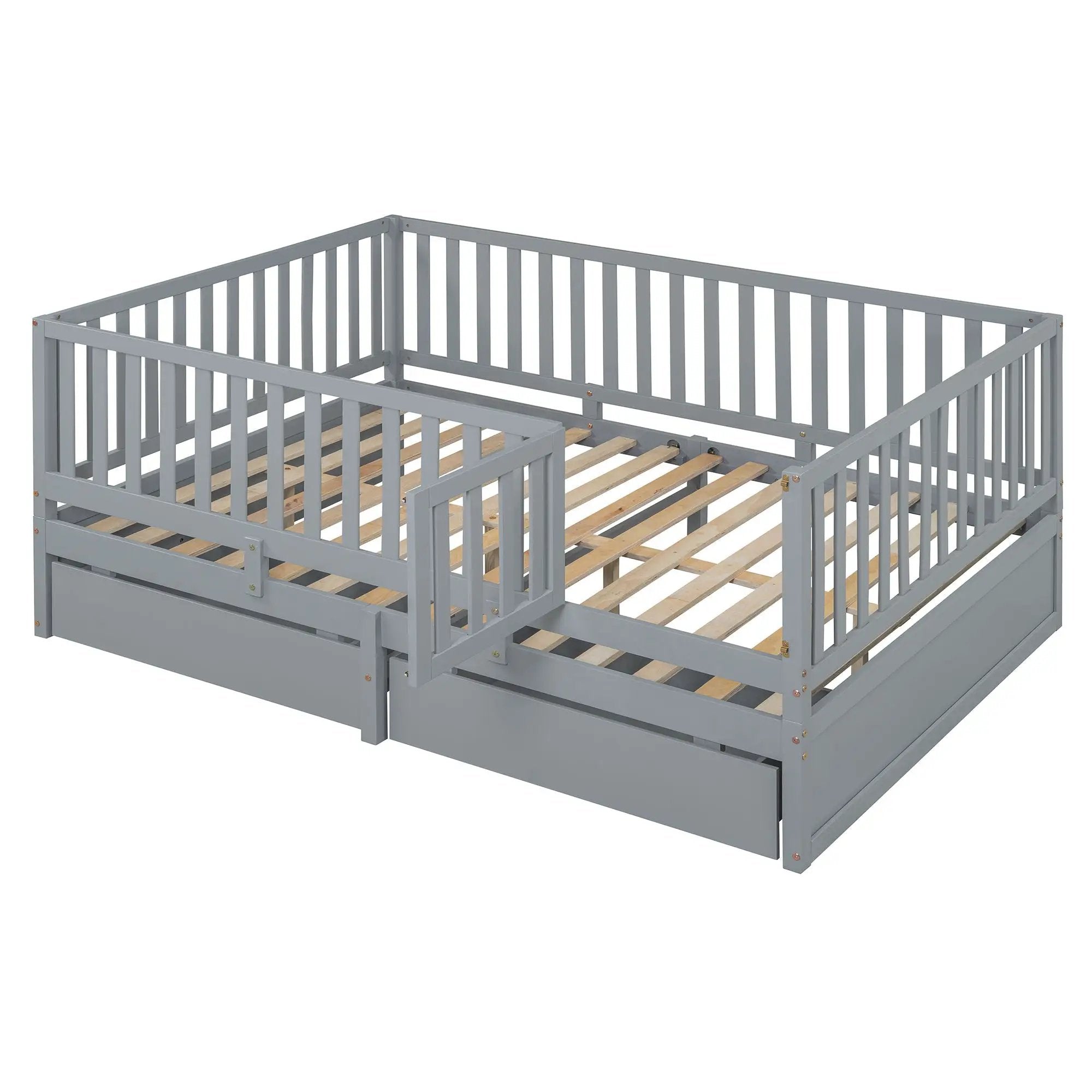 Daybed With Fence Guardrails And 2 Drawers, Split Into Independent Floor Bed & Daybed by HouseOfZazla