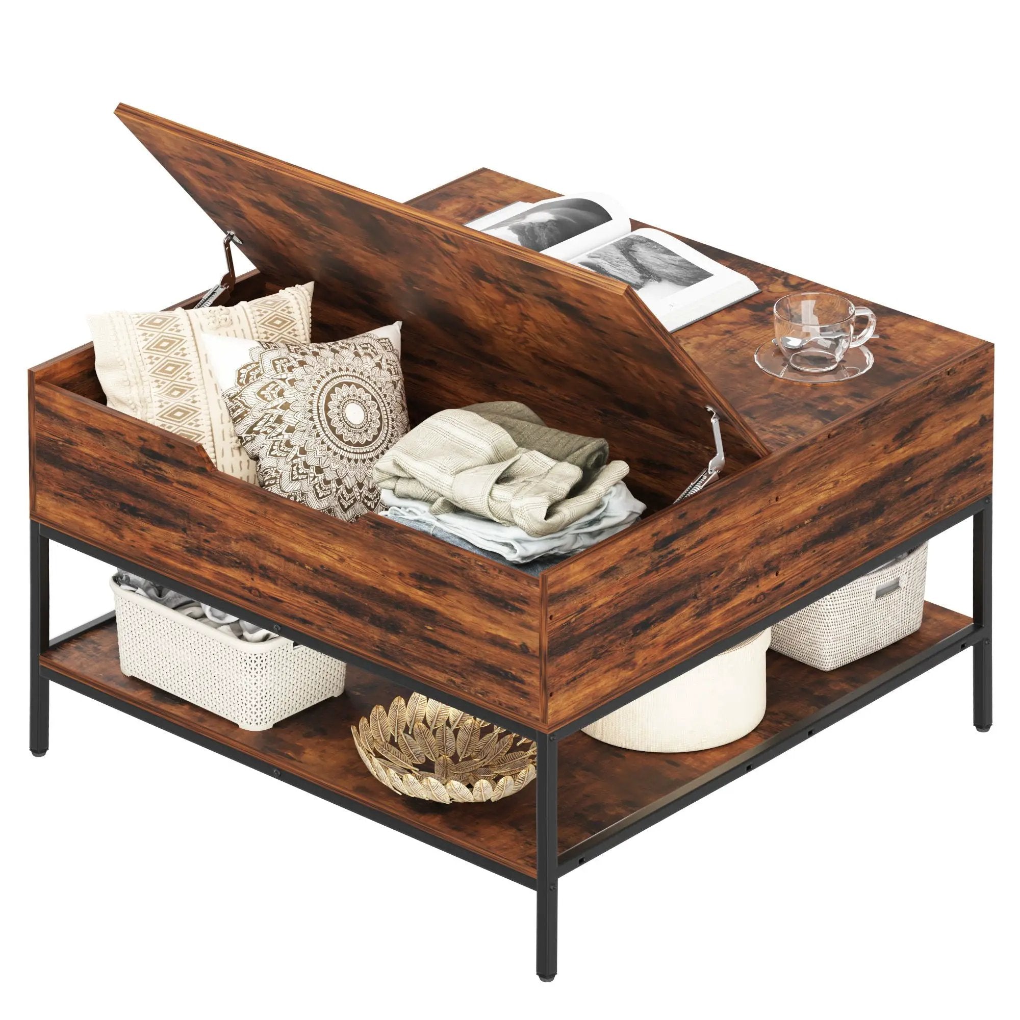 Rustic Flip Top Coffee Table With Hidden Storage - Black / Brown by HouseOfZazla