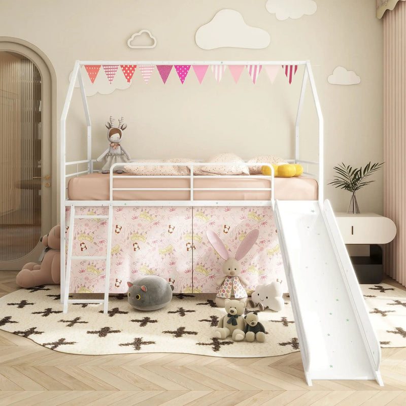 Jack - House Loft Bed With Slide And Curtain Set by HouseOfZazla