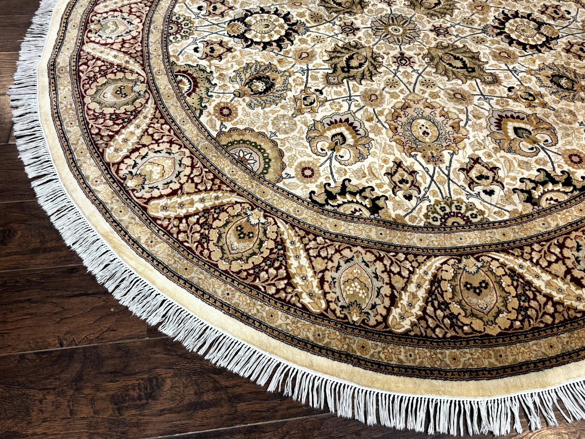 Round Pak Persian Rug 8x8, Vintage Handmade Wool Traditional Carpet, Beige Dark Red, Fine 270 KPSI by Jewel Rugs