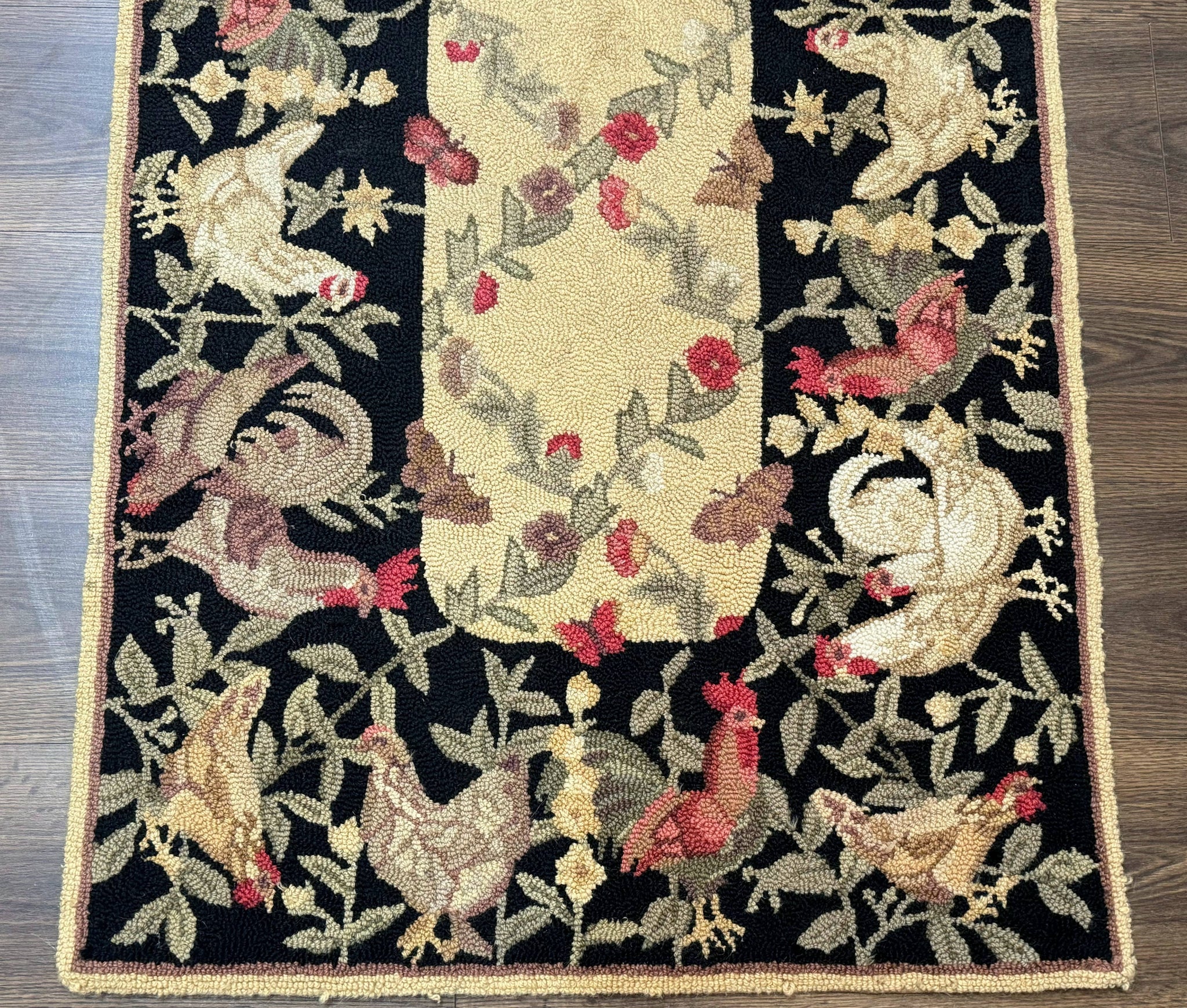 Small Vintage Hooked Rug, Roosters, Handmade, Wool by Jewel Rugs