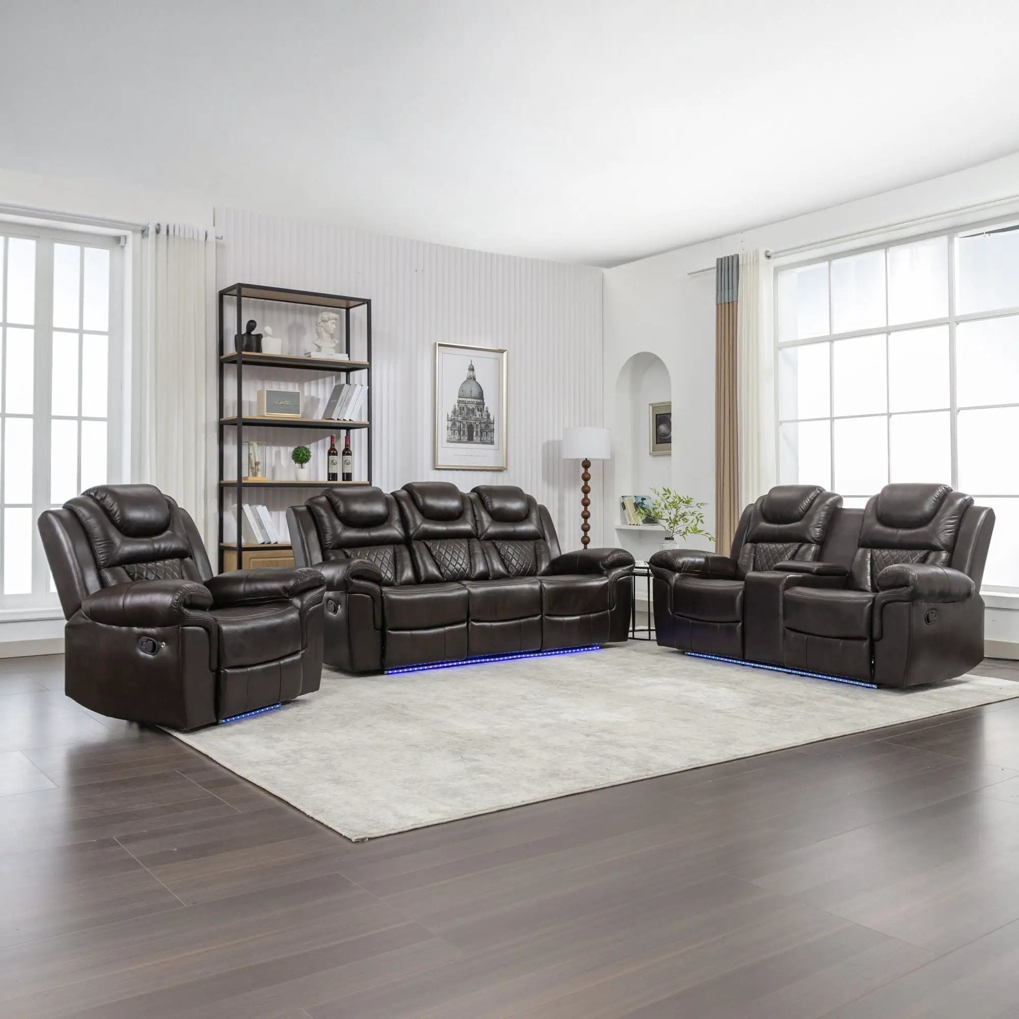 3 Pieces Recliner Sofa Sets Home Theater Seating Manual Recliner Chair & Center Console And LED Light Strip For Living Room - Brown by HouseOfZazla