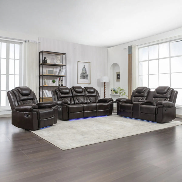 3 Pieces Recliner Sofa Sets Home Theater Seating Manual Recliner Chair & Center Console And LED Light Strip For Living Room - Brown