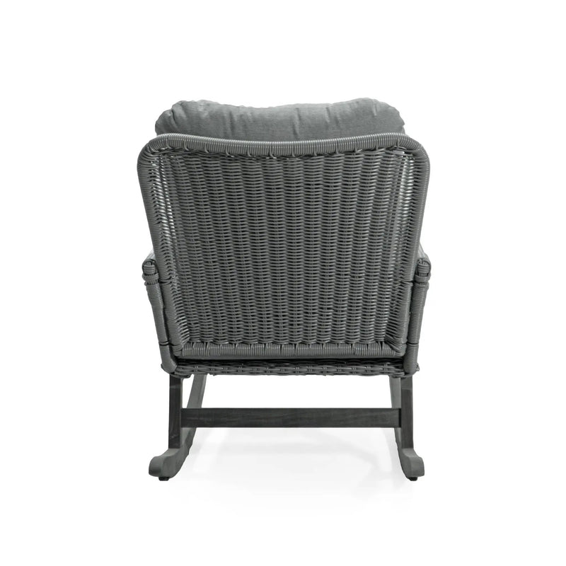 Modern 3 Piece Outdoor Seating Set with Cushioned Rattan Rocking Chairs and Wooden Accent Table by HouseOfZazla