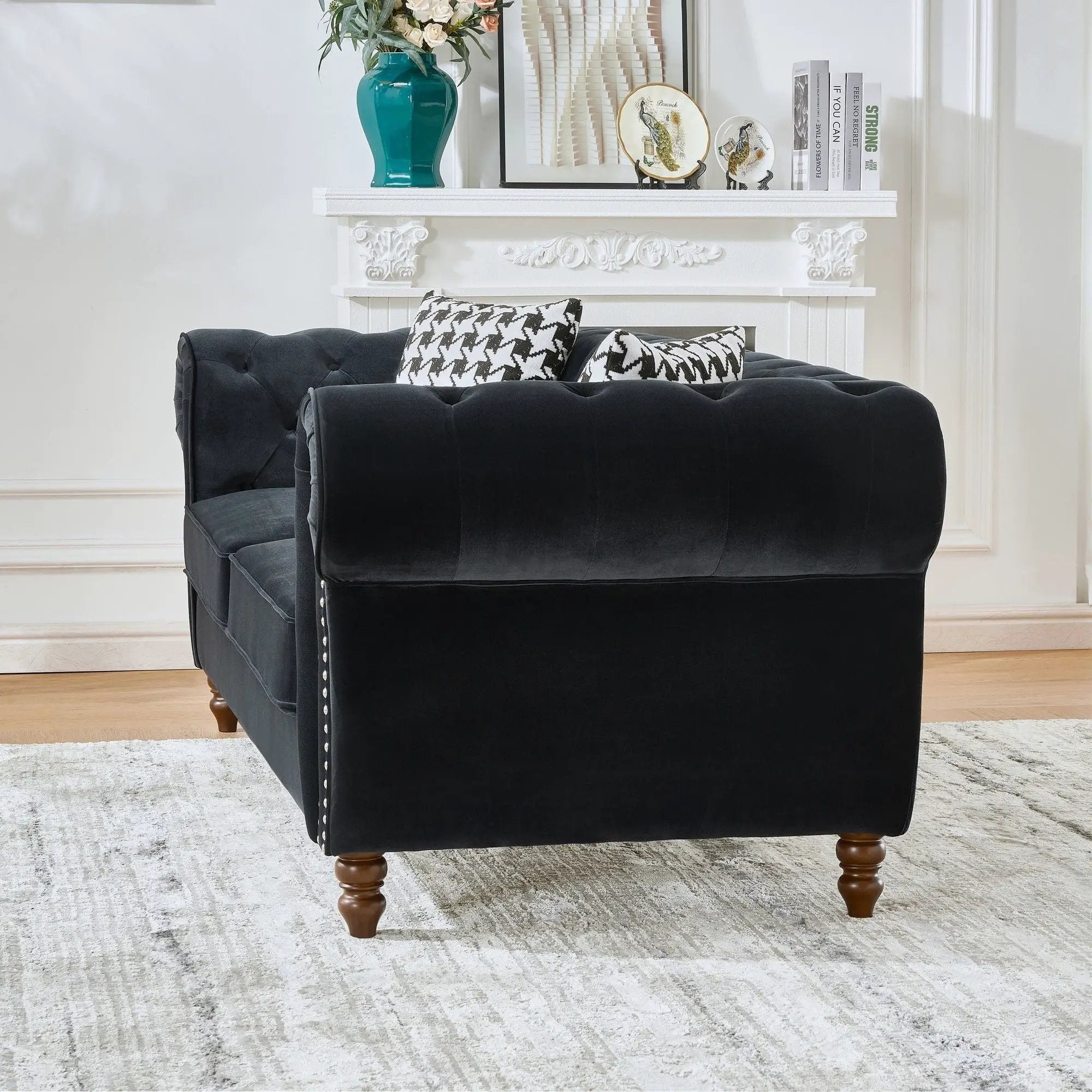 Chesterfield Upholstery Fabric Sofa With Roll Armrest & Nailhead, Mid Century Modern 3 And 3 Seater Couch by HouseOfZazla